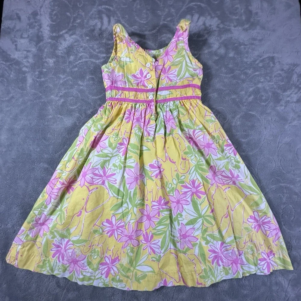 Lilly Pulitzer Elephant Floral Sun Dress Girl 7 Yellow Pink Artsy Beach Vacation